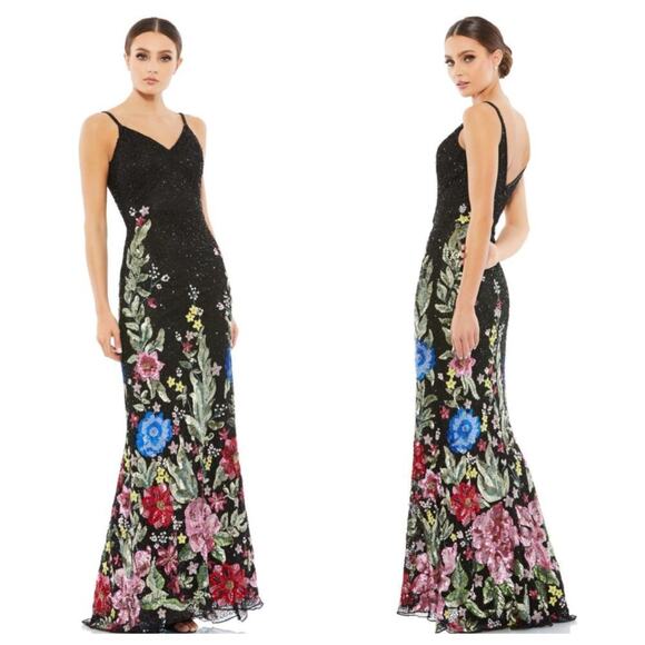 Mac Duggal Floral Embellished Spaghetti Strap Gown Dress Black Size 10 NWT - Picture 1 of 12